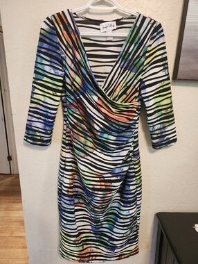 Joseph Ribkoff Black and Multicolor Striped Wrap-Style Midi Dress